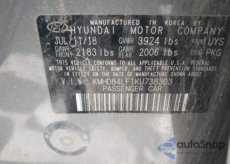 2019 Hyundai Elantra Sel z USA, uszkodzony, nr VIN KMHD84LF1KU738303